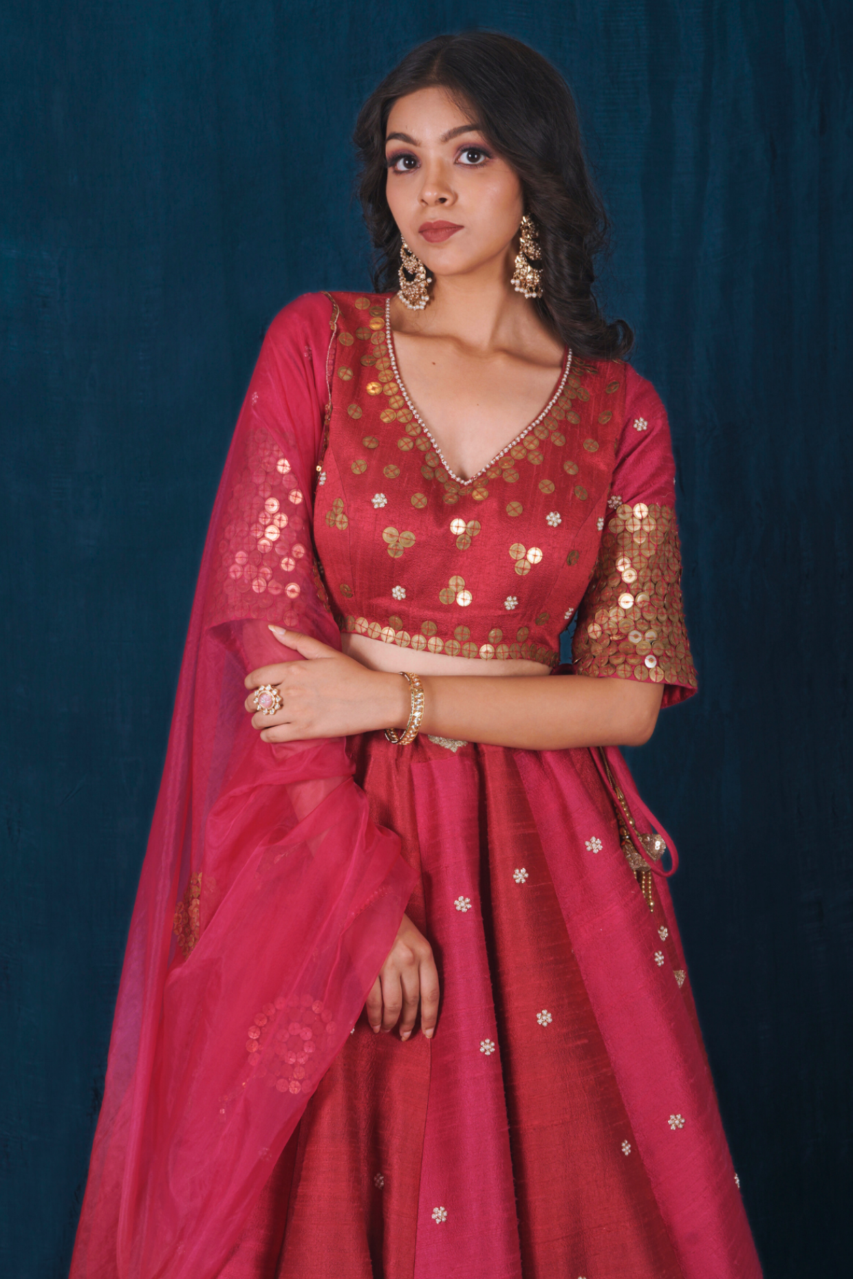 Raw Silk Pink and Red Lehenga Set