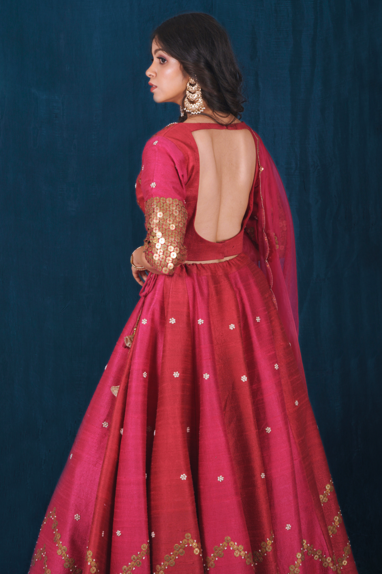 Raw Silk Pink and Red Lehenga Set