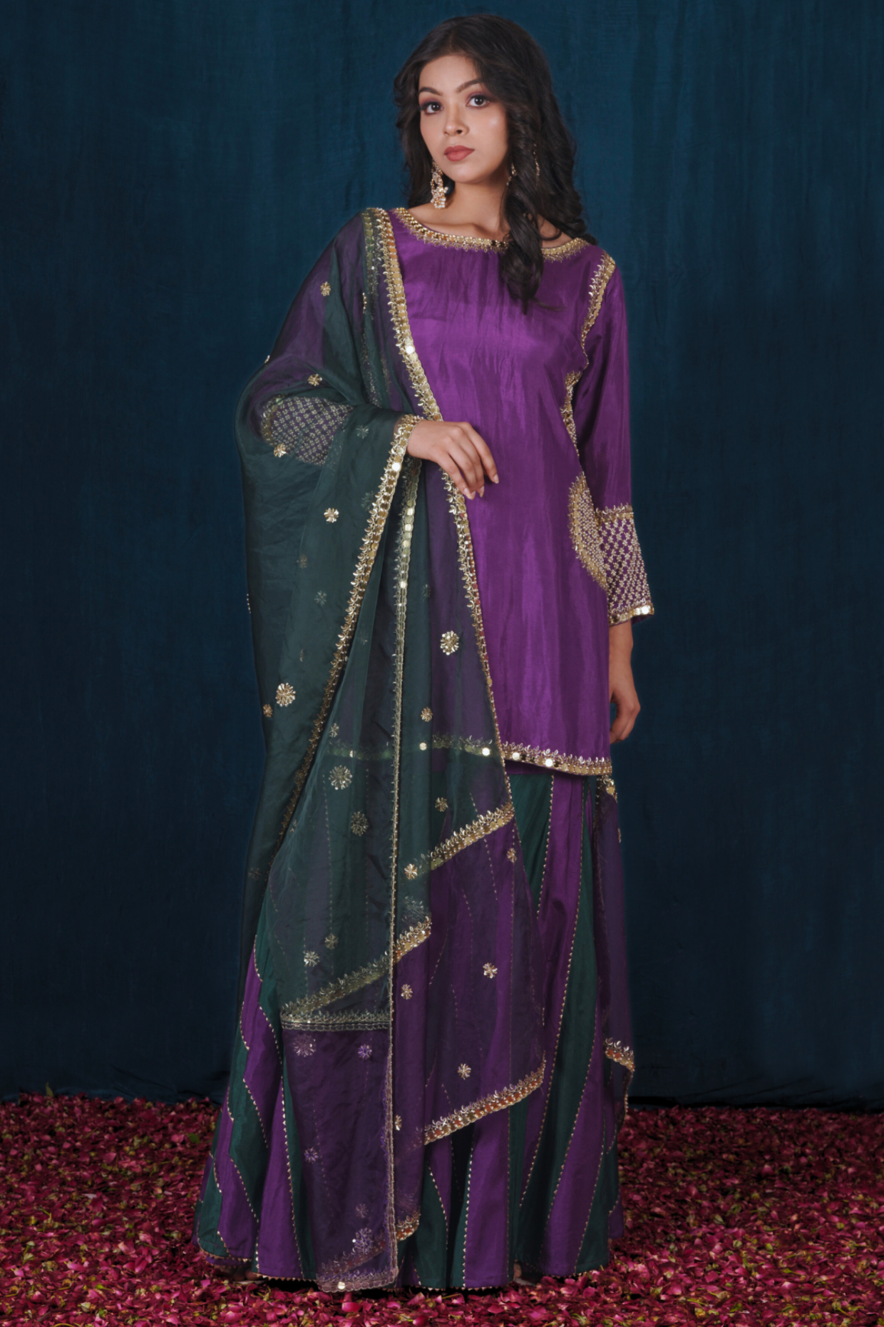 Purple and Green Opada Silk Sharara Set