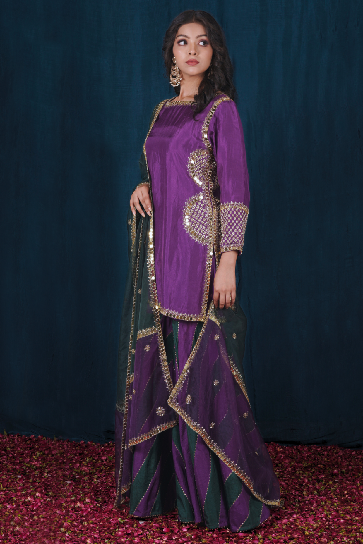 Purple and Green Opada Silk Sharara Set