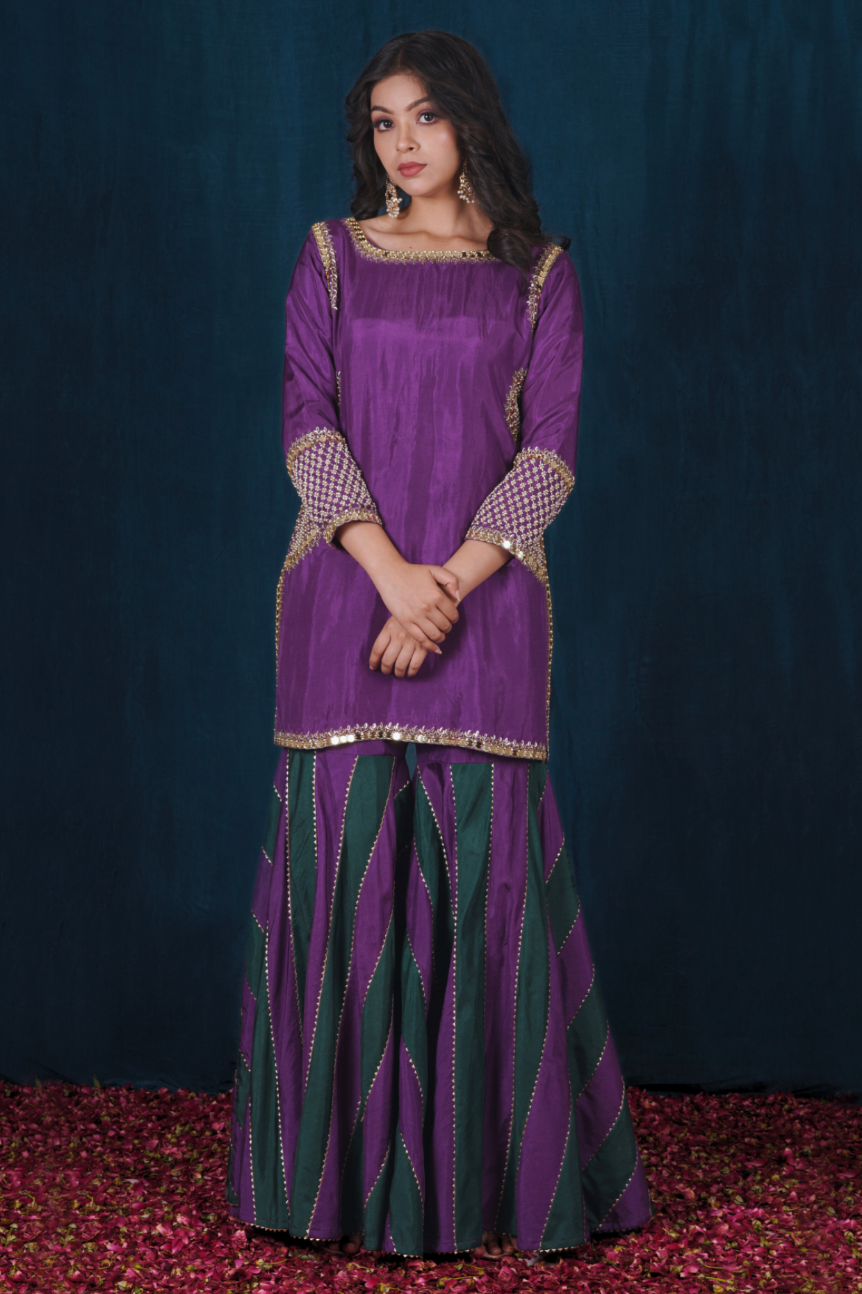 Purple and Green Opada Silk Sharara Set