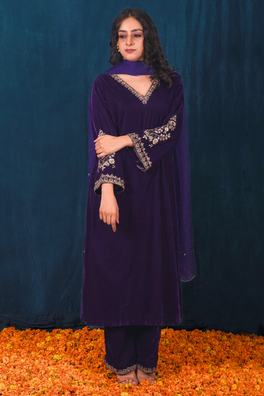 Purple Velvet Kurta Set