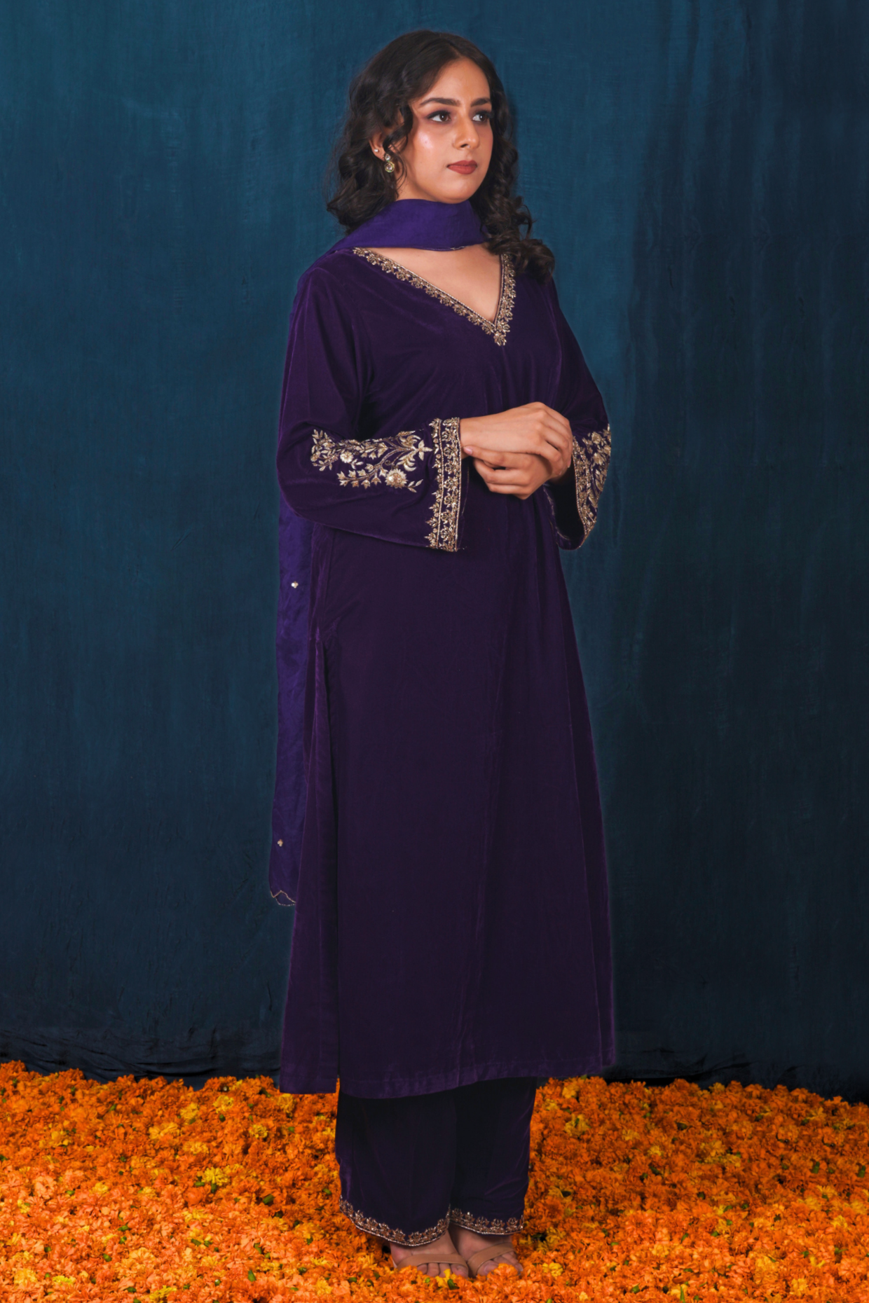 Purple Velvet Kurta Set