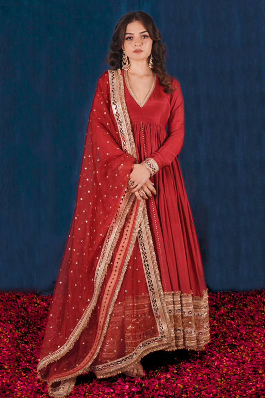 Red Opada Silk Anarkali Set with Red Heavy Dupatta i