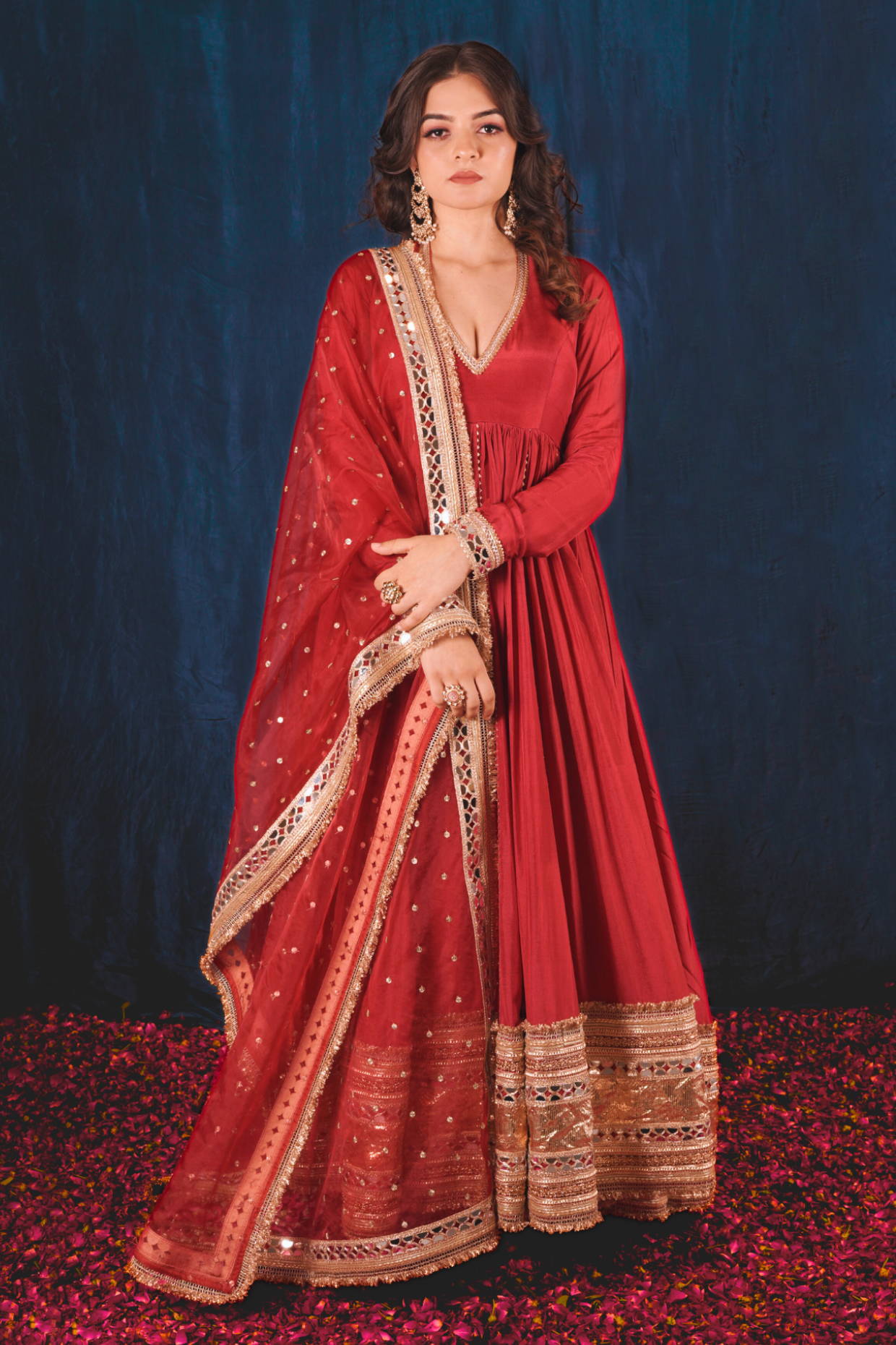 Red Opada Silk Anarkali Set with Red Heavy Dupatta i