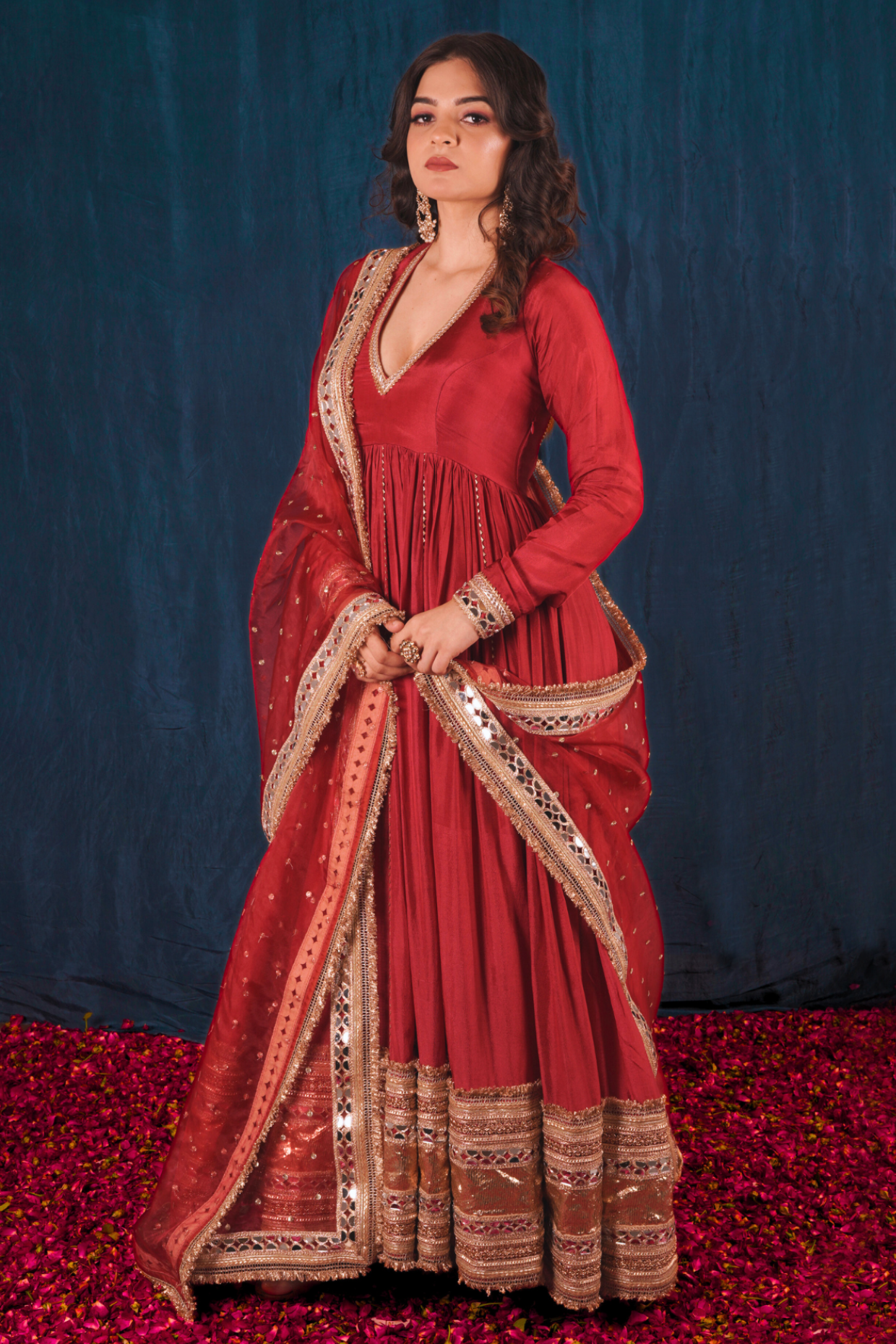 Red Opada Silk Anarkali Set with Red Heavy Dupatta i