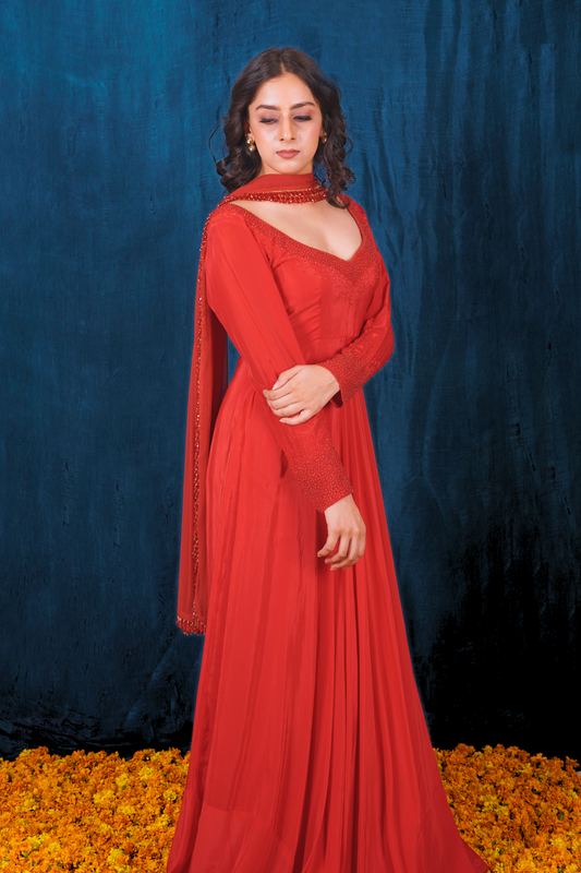 Red Crepe Anarkali Set