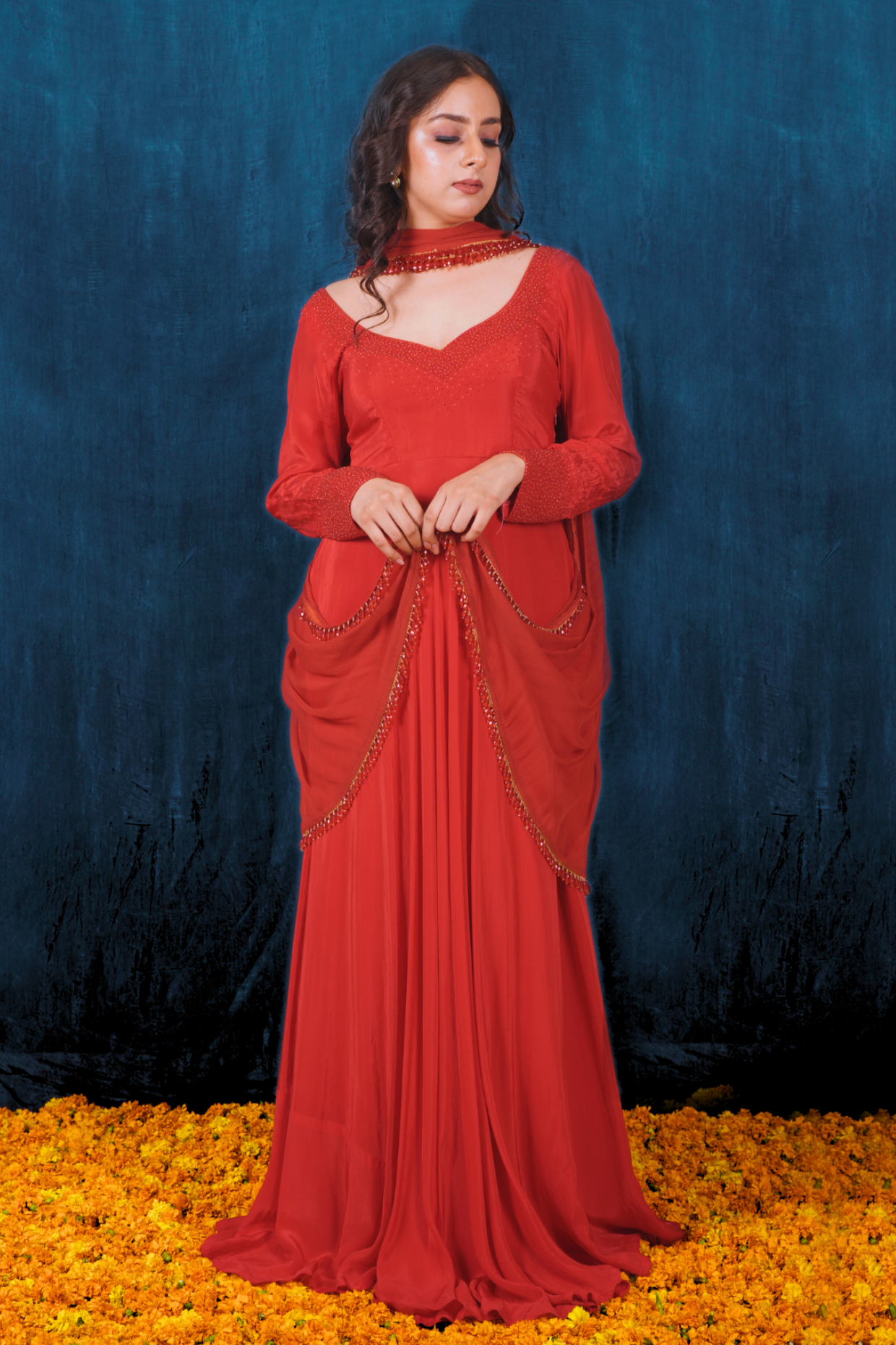 Red Crepe Anarkali Set