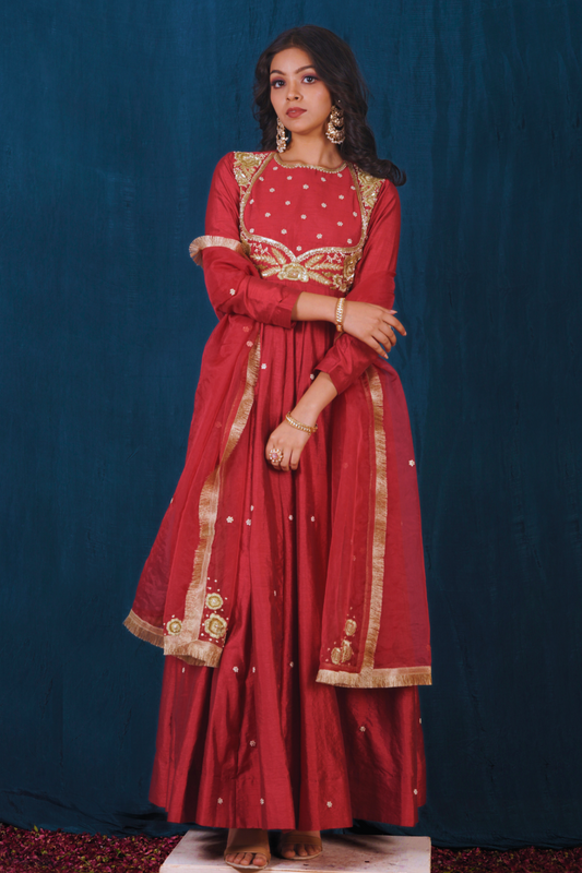 Red Embroidered Anarkali Set