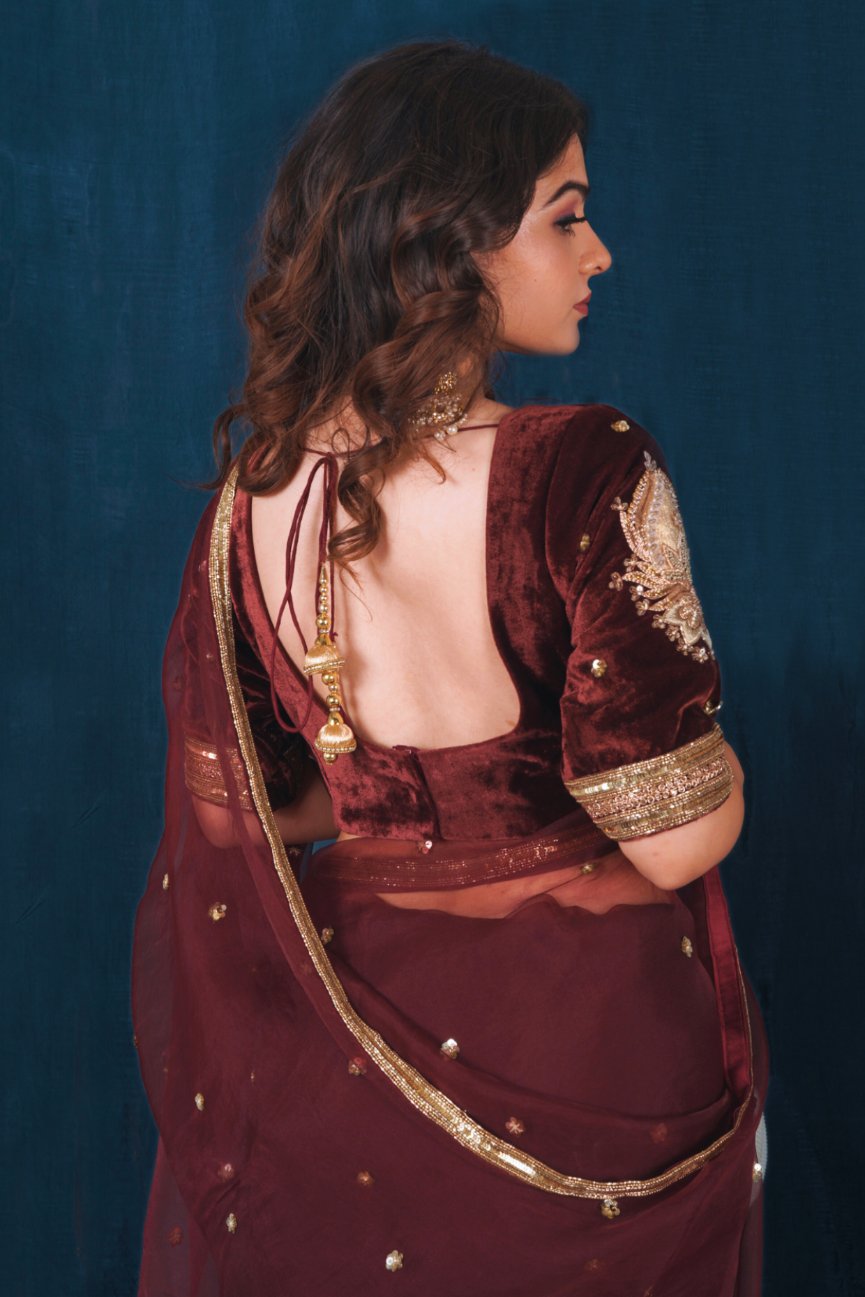 Red Silk Velvet and Silk Organza Saree Set