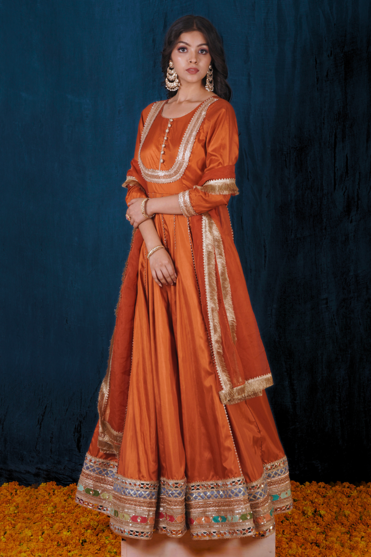 Rust Orange Silk Anarkali Set