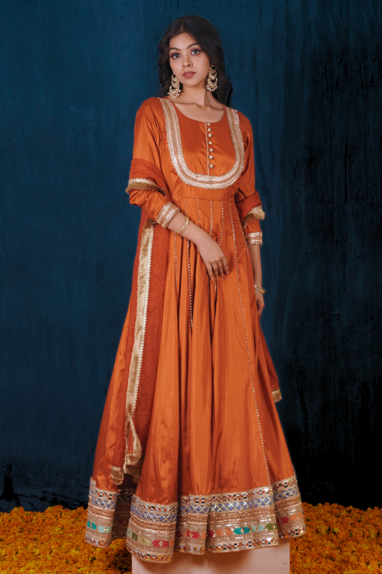 Rust Orange Silk Anarkali Set