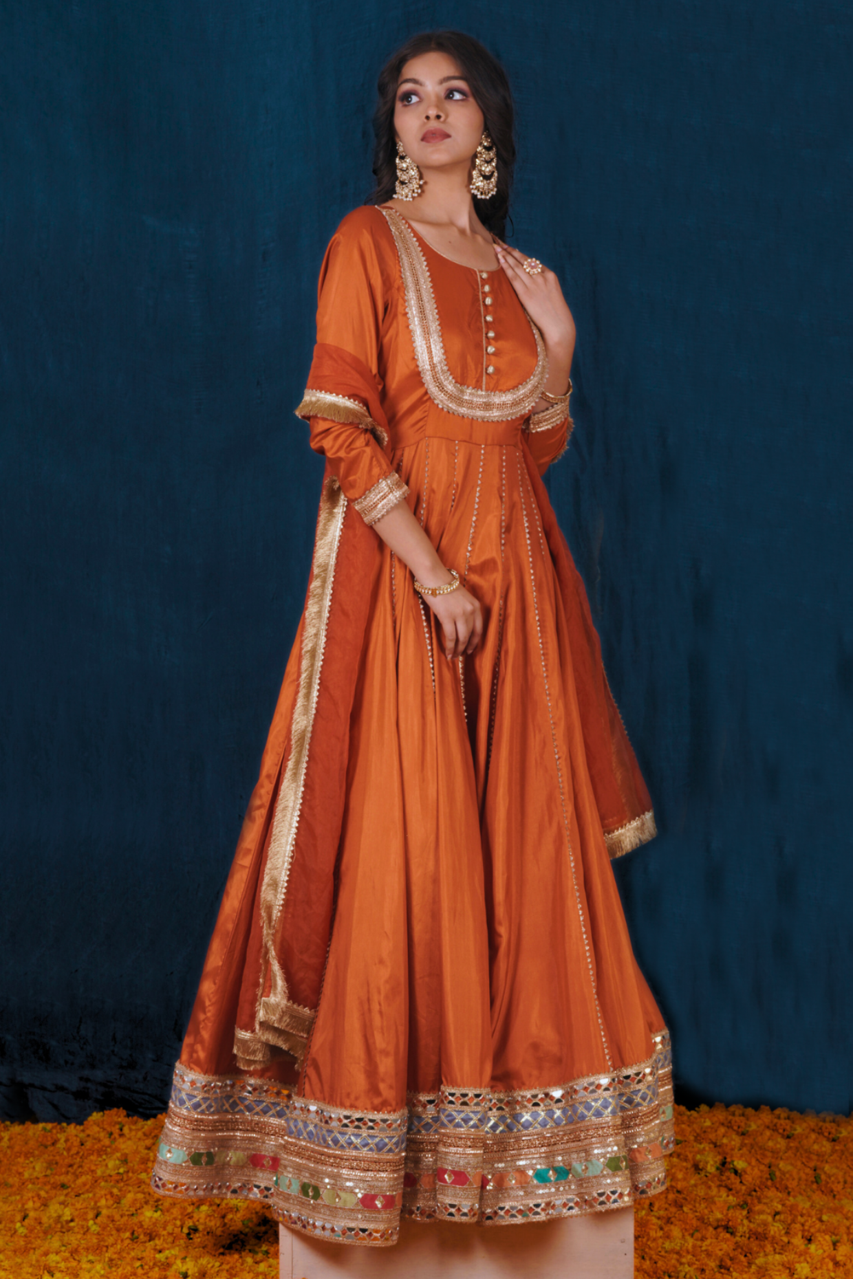 Rust Orange Silk Anarkali Set