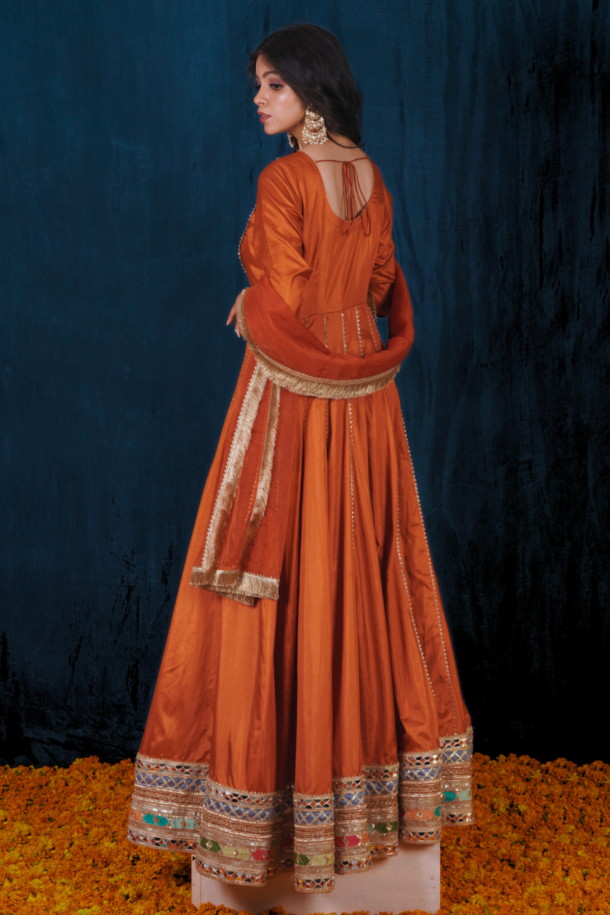 Rust Orange Silk Anarkali Set