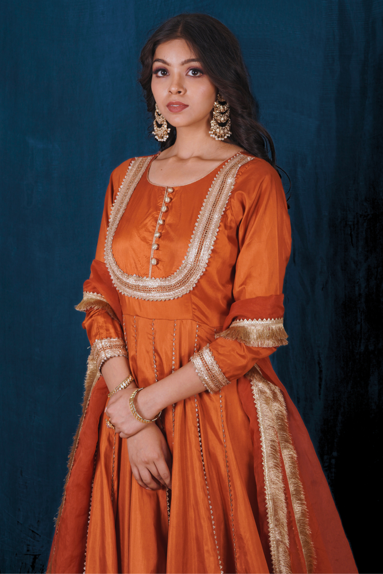 Rust Orange Silk Anarkali Set