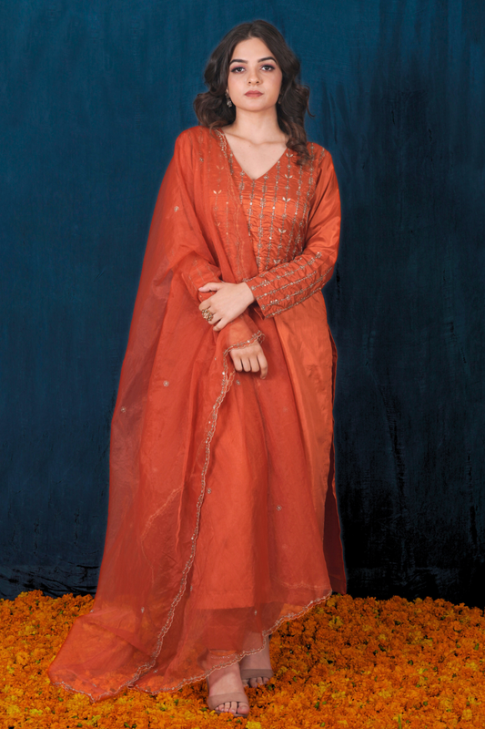 Rust Orange Silk Kurta Set