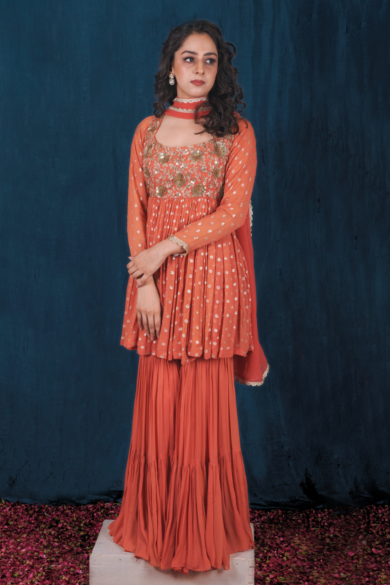 Rust Orange Banarasi Georgette Peplum and Sharara Set