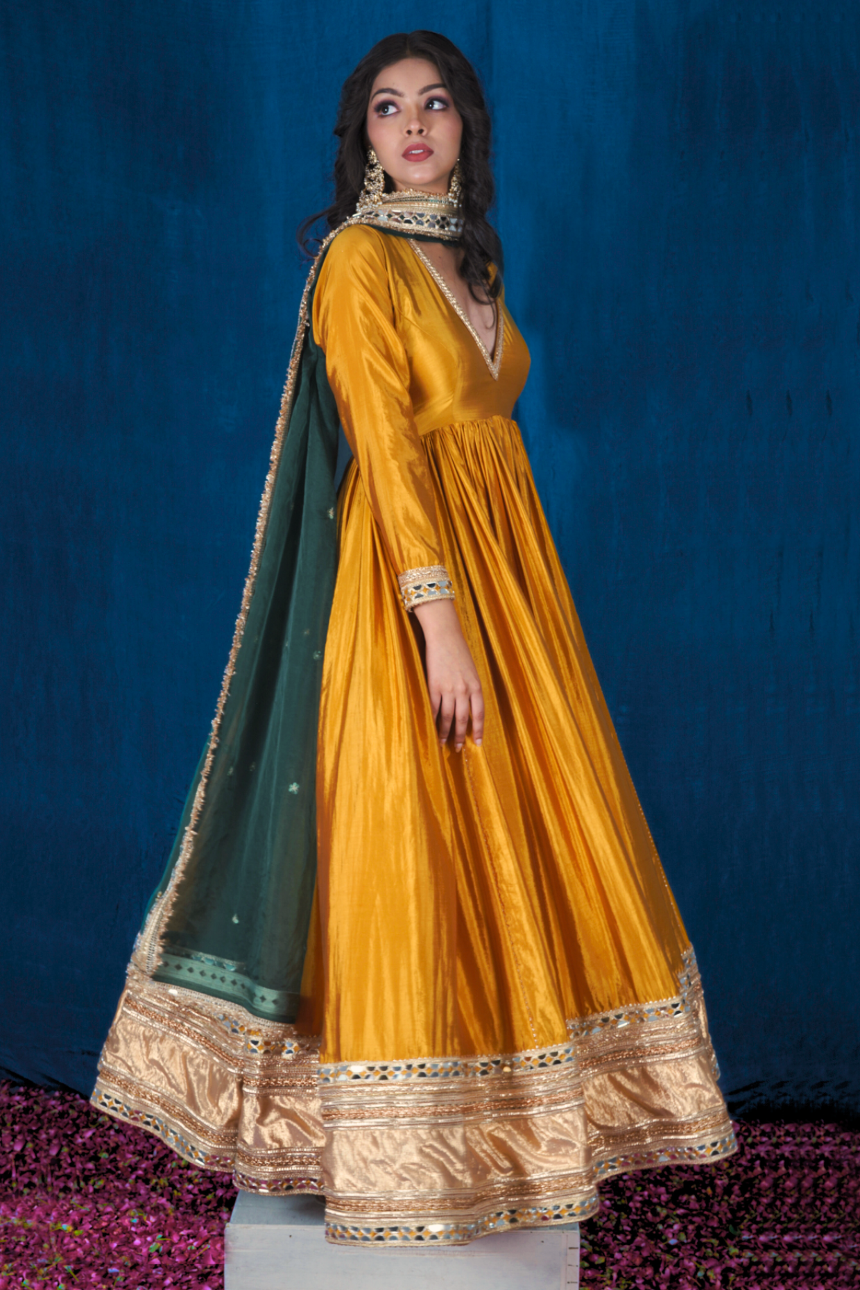 Yellow Anarkali Set with Green Heavy Dupatta