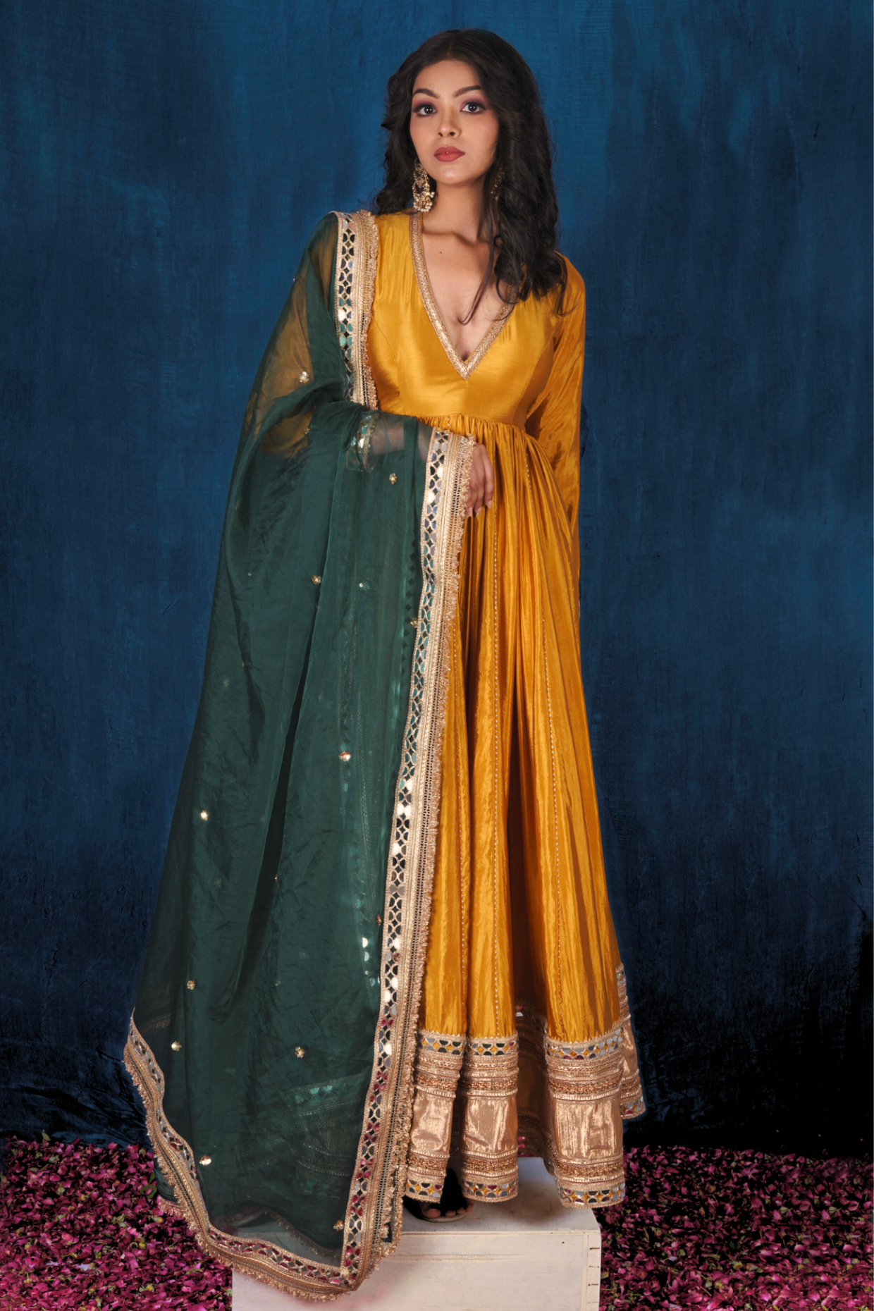 Yellow Anarkali Set with Green Heavy Dupatta