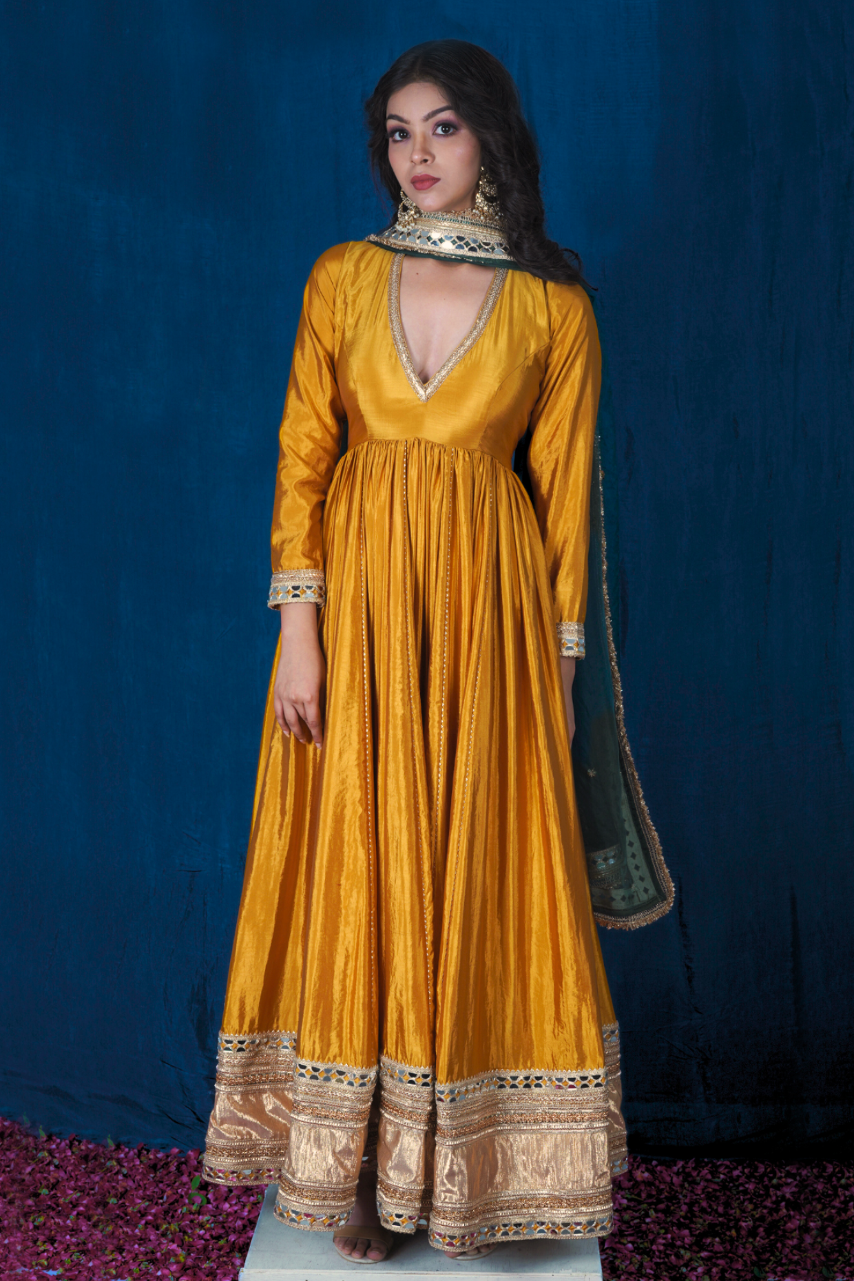 Yellow Anarkali Set with Green Heavy Dupatta