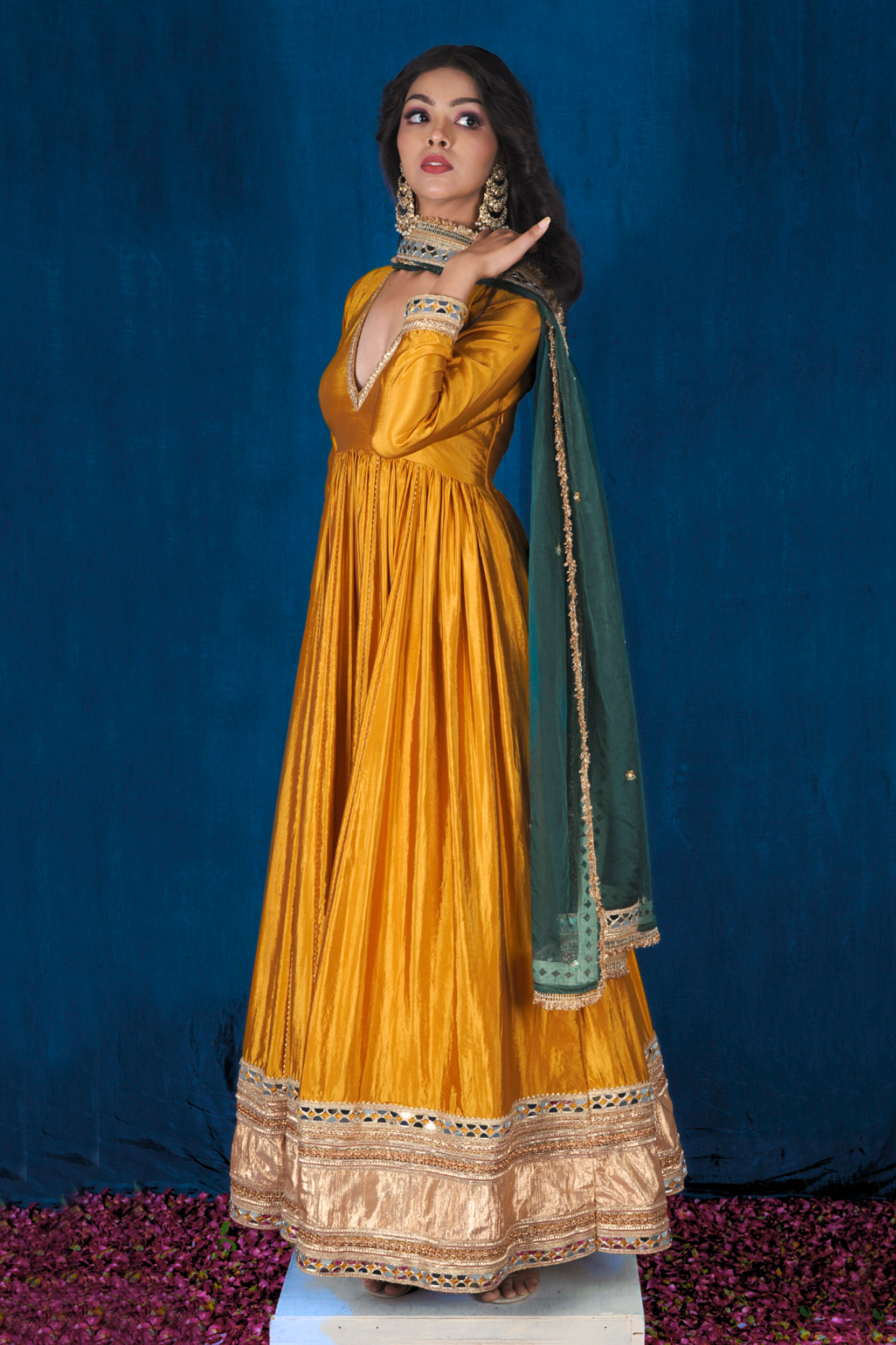 Yellow Anarkali Set with Green Heavy Dupatta