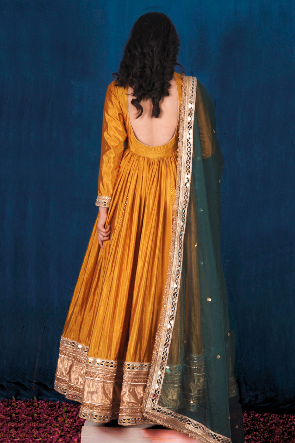 Yellow Anarkali Set with Green Heavy Dupatta