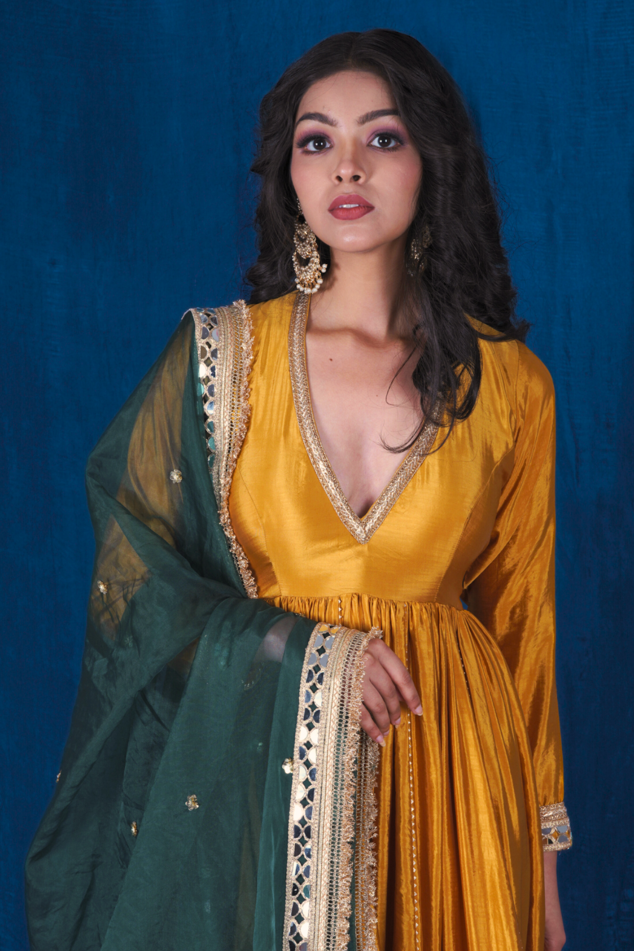 Yellow Anarkali Set with Green Heavy Dupatta