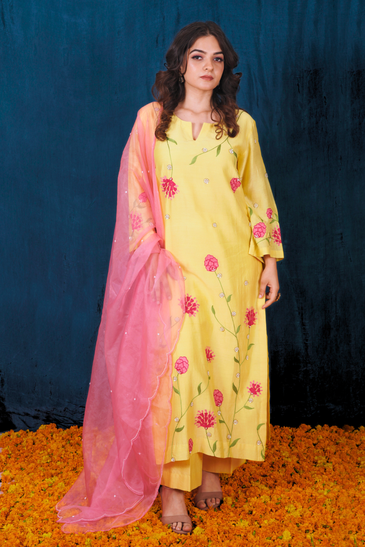 Yellow and Pink Silk Chanderi Kurta Set