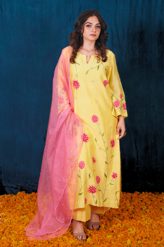 Yellow and Pink Silk Chanderi Kurta Set