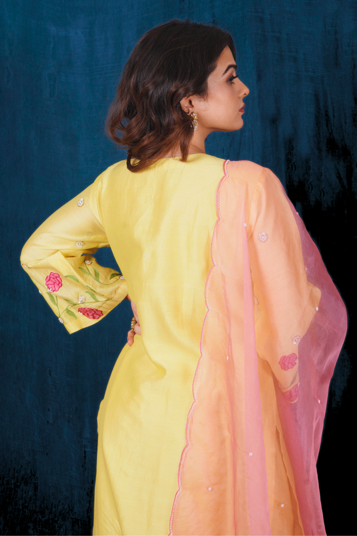 Yellow and Pink Silk Chanderi Kurta Set