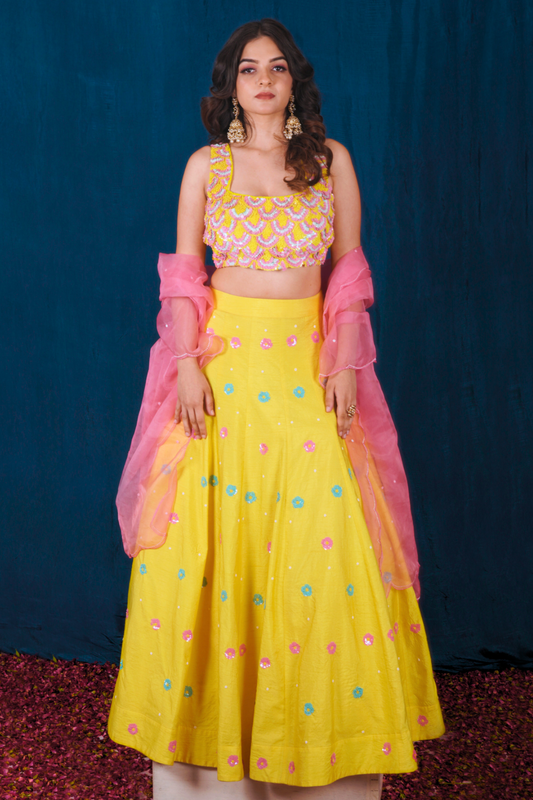 Yellow and Pink Dupion Lehenga Set