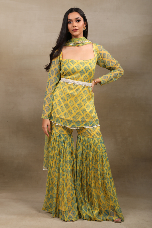 Hand Block Printed Yellow Chiffon Peplum Sharara Set