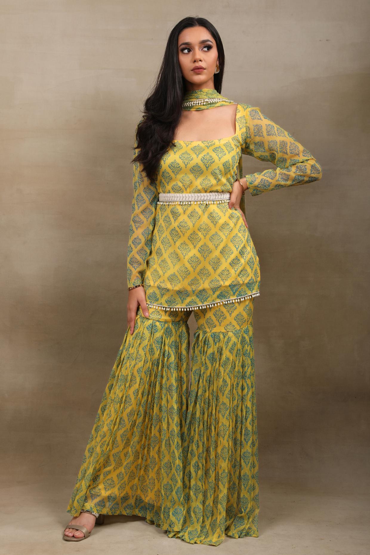 Hand Block Printed Yellow Chiffon Peplum Sharara Set