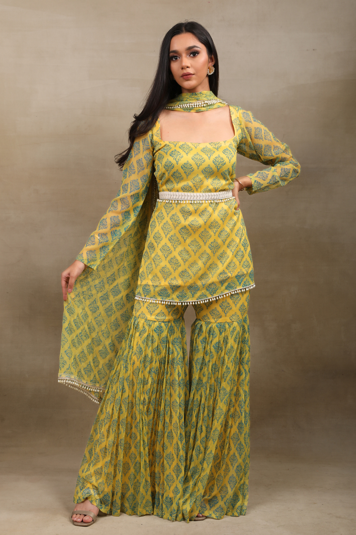 Hand Block Printed Yellow Chiffon Peplum Sharara Set