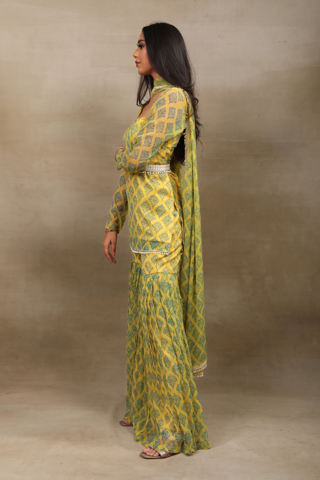 Hand Block Printed Yellow Chiffon Peplum Sharara Set