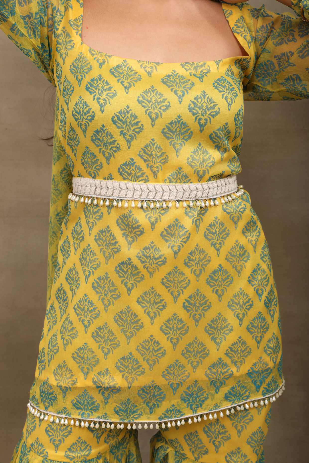 Hand Block Printed Yellow Chiffon Peplum Sharara Set